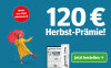Frau mit rotem Schirm Text '120 Euro Herbst Prämie! 12 Monate gedruckt und digital lesen. Lesen, was lokal interessiert!