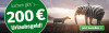 Grafik mit einem Elefanten mit Zebramuster und einem Zebra in einer Landschaft. Text: '200 Euro Urlaubsgeld!'. Button mit der Aufforderung: 'Jetzt bestellen'.