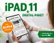 Eine Frau sitzt auf einem Sofa und hält ein iPad 11, das das digitale Zeitungsangebot für nur 36,99 Euro monatlich zeigt.